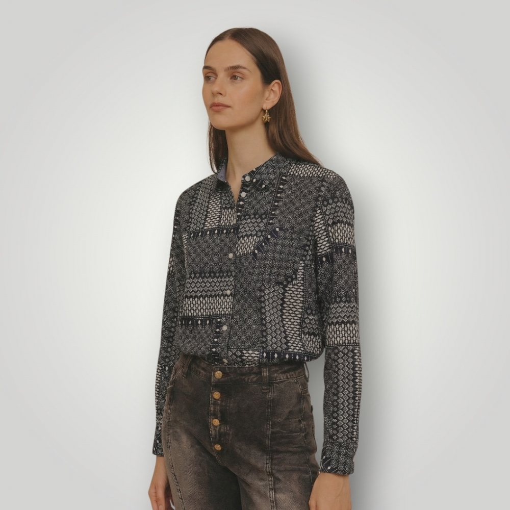 Tommy Hilfiger Patchwork Batik Print Shirt XL Navy‎ Blue White Indigo Boho Dark